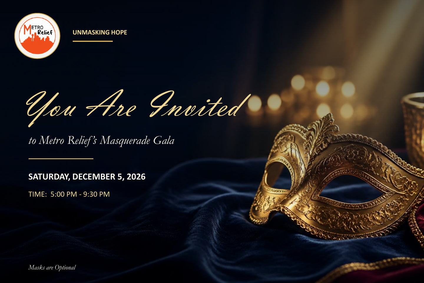 Metro Relief 2026 Masquerade Gala invitation
