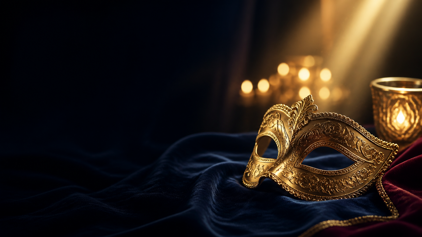An ornate gold masquerade mask on navy velvet, with warm candlelight.